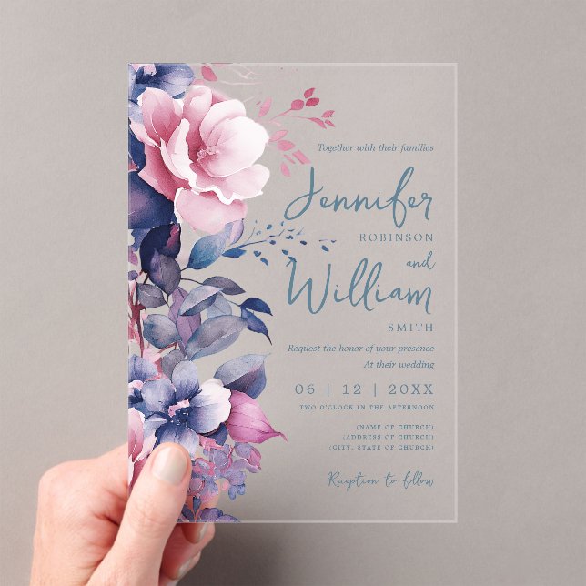 Boho Lila Floral Wedding Script Typografie Acryleinladungen (Insitu (Handheld))