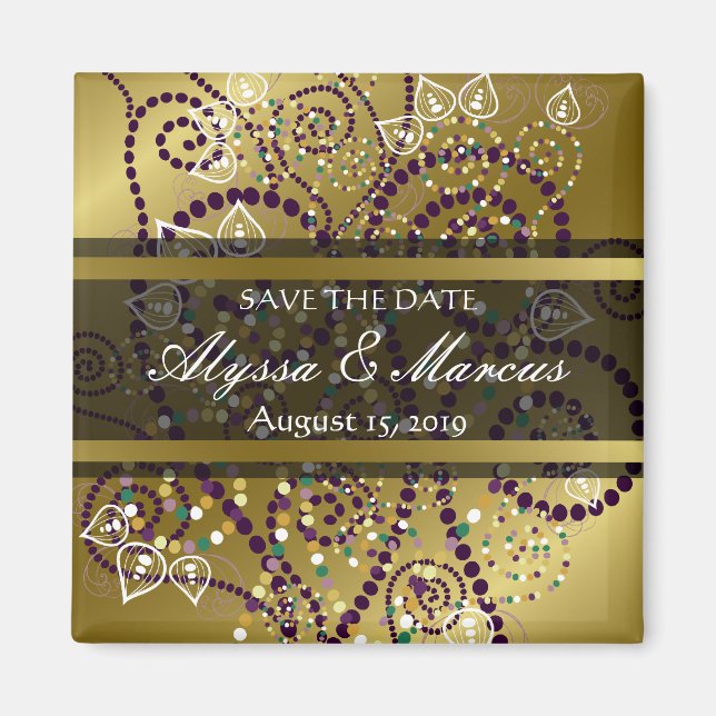 Boho Lila gepunktete Spiralen Chic Gold Save the D Magnet (Vorne)