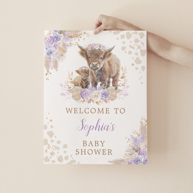 Boho Lila Highland Cow Baby Girl Dusche Willkommen Poster (Von Creator hochgeladen)