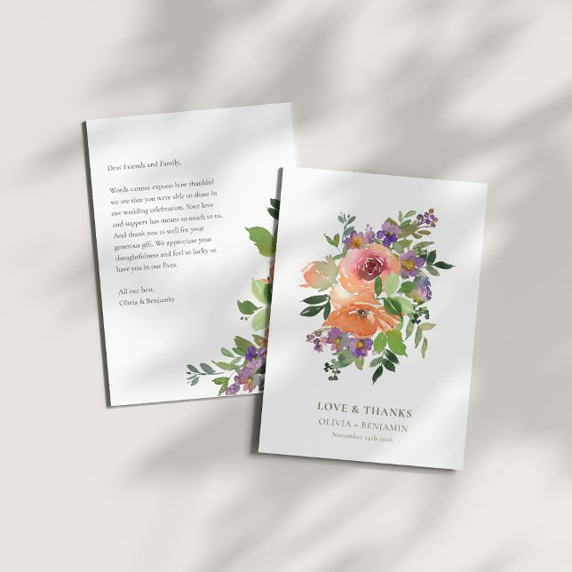 Boho Lila Orange Floral Wedding Custom Message Dankeskarte (Von Creator hochgeladen)