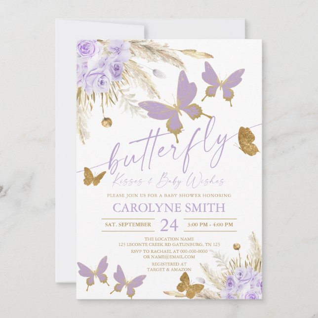 Boho Lila Pampas Grass Butterfly Kisses Einladung (Vorderseite)
