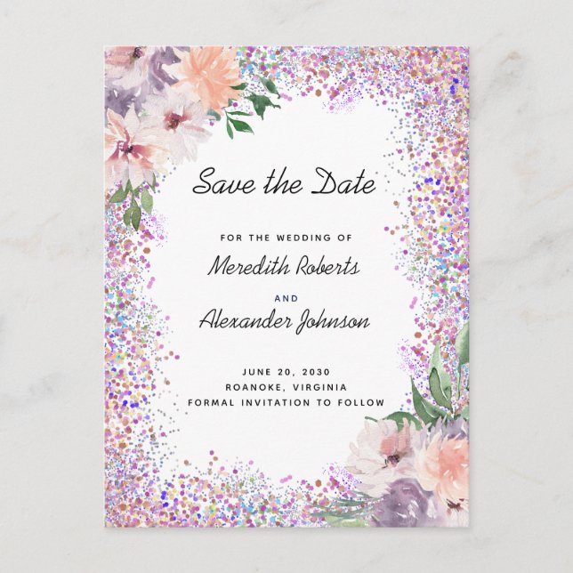 Boho Lila Peach Floral Glitzer Save the Date Ann Ankündigungspostkarte (Vorderseite)