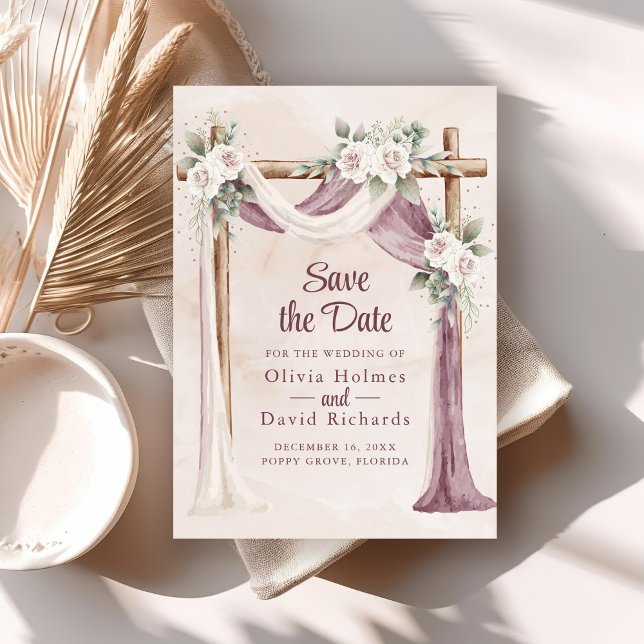 Boho Lila Pink Floral Cenopy Save the Date Karte (Boho Purple Pink Floral Cenopy Save the Date Card on boho wedding table.)