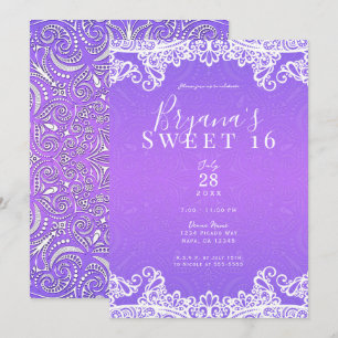 Boho Lila Pink & White Lace Bold Sweet 16 Party Einladung