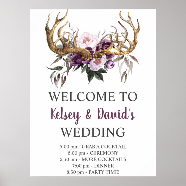 Boho Lila Plum Pink Peonies Hochzeitdetails Poster (Vorne)