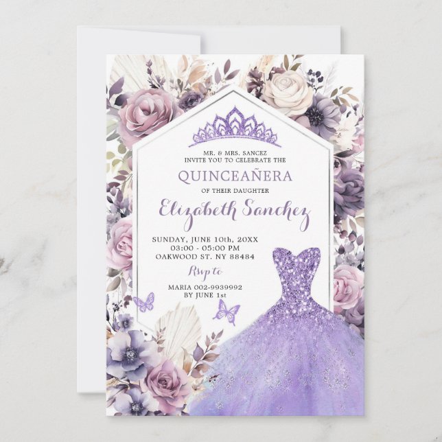 Boho Lila Silver Floral Prinzessin Quinceañera Einladung (Vorderseite)
