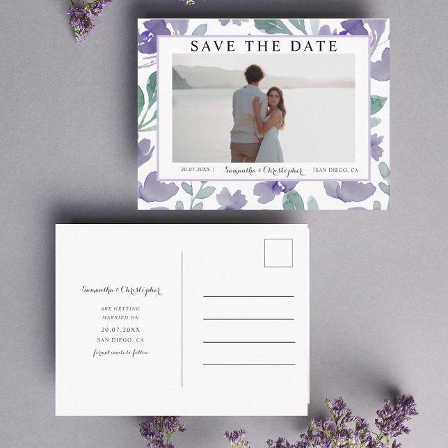 Boho Lila Watercolor Floral Save the Date Postkarte (Von Creator hochgeladen)