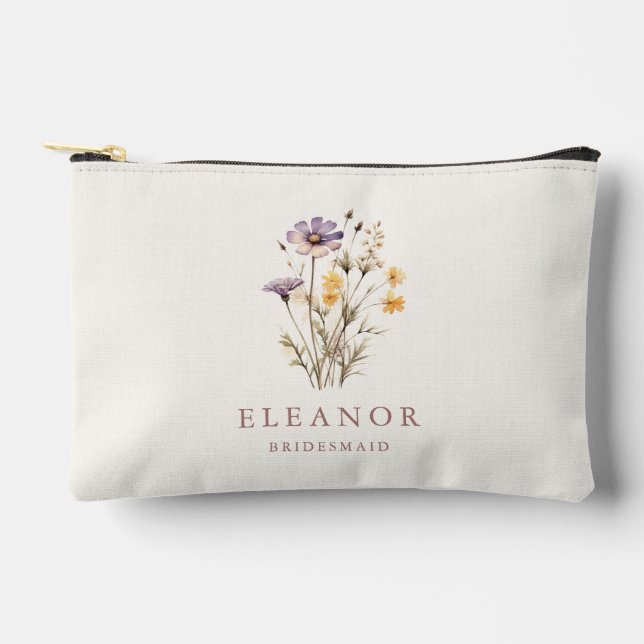 Boho Lila Wildblumen Bridesmaid Name Custom Zubehörtasche (Vorderseite)