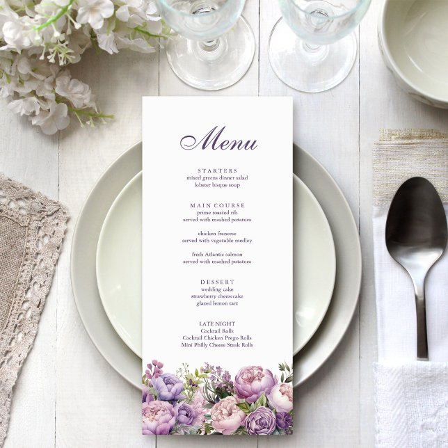 Boho Lilac Floral Wedding Menu Menükarte (Boho Lilac Floral Wedding Menu on white and silver wedding table.)