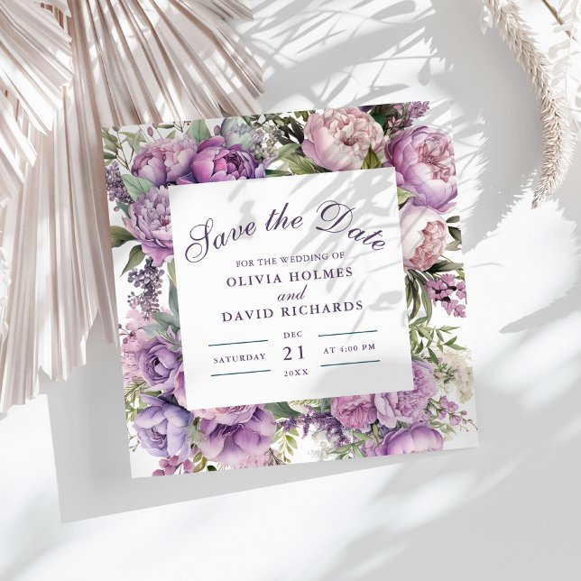 Boho Lilac Floral Wedding Save the Date (Boho Lilac Floral Wedding Save the Date on a sunny white table with dry palm leaf.)