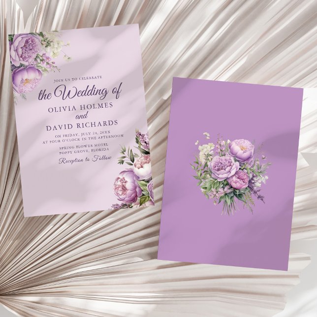 Boho Lilac Peonies Wedding Einladung (Boho Lilac Peonies Wedding Invitation on a neutral dry palm leaf.)
