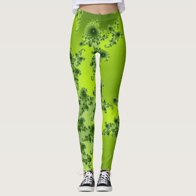 Boho Lime Green Spiral Fraktal Art Leggings (Vorderseite)