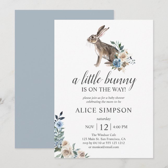 Boho Little Bunny Dust Blue Flowers Babydusche in Einladung (Vorne/Hinten)