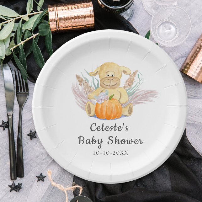 Boho Little Lamb Pumpkin Watercolor Babydusche Pappteller (Charming watercolor plates, celebrate little one's arrival with delight!)