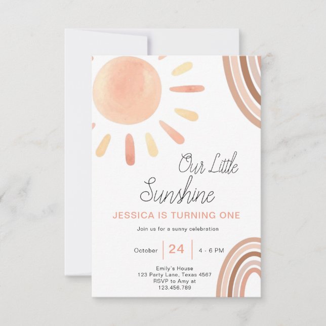 Boho Little Sunshine 1. Geburtstag Einladung Sun (Vorderseite)