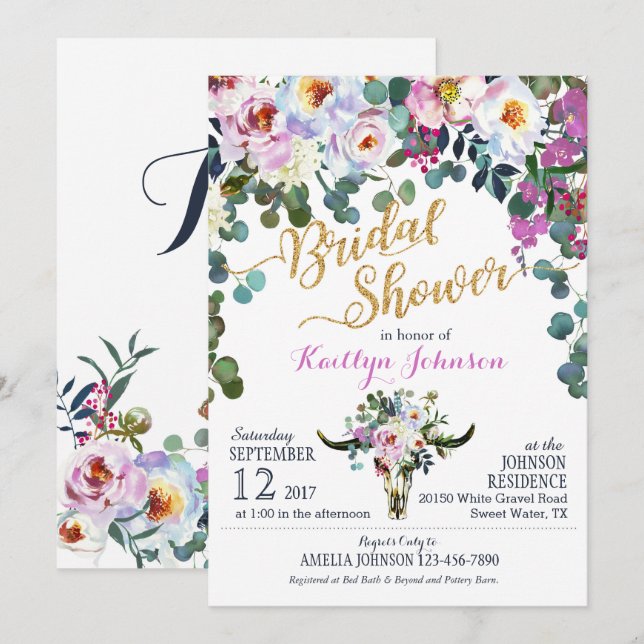Boho Longhorn Kuh Skull Floral Brautparty Einladung (Vorne/Hinten)