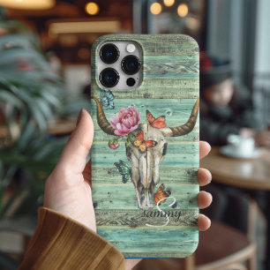 Boho Longhorn Schädel Blumen Monogramm iPhone 16 Pro Max Hülle