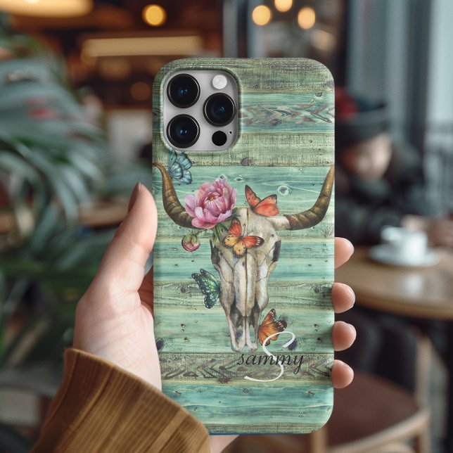 Boho Longhorn Schädel Blumen Monogramm iPhone 16 Pro Max Hülle (Von Creator hochgeladen)