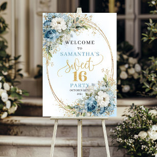 Boho Luxus Hellblau Blumen Gold Sweet 16 Schild