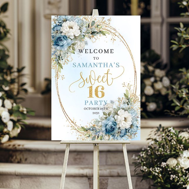 Boho Luxus Hellblau Blumen Gold Sweet 16 Schild (Luxury Light Blue Floral Sweet 16 Sign)