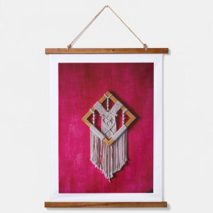 Boho-Macrame-Wandbehang Textilkunst Rosa Geometris Wandteppich Mit Holzrahmen