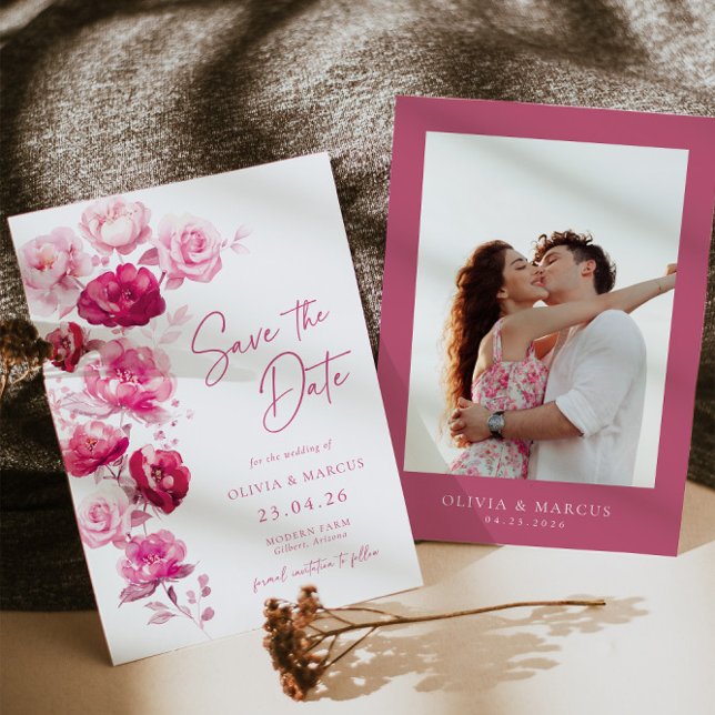 Boho Magenta Hot Pink Rose Floral Wedding Foto Save The Date (Front/Back)