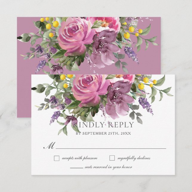 Boho Magenta Lila Pink Mauve Floral Wedding RSVP Karte (Vorne/Hinten)
