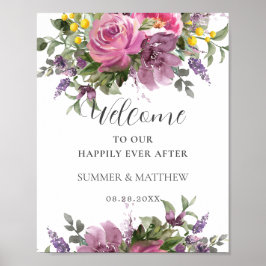 Boho Magenta Pink Lila Blumenhochzeit Begrüßung Poster
