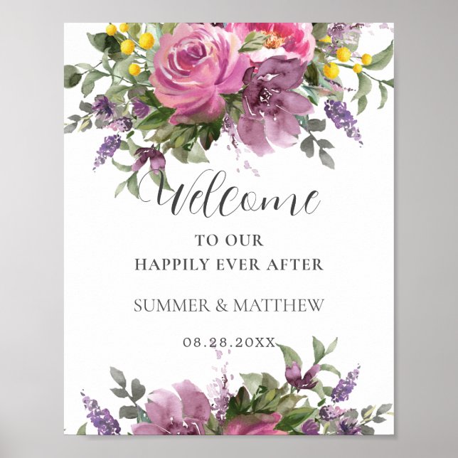Boho Magenta Pink Lila Blumenhochzeit Begrüßung Poster (Vorne)