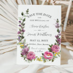 Boho Magenta Pink Lila Gelbe Blumenhochzeit Save The Date<br><div class="desc">Diese elegante Hochzeit bewahrt das Datum mit schönen Aquarellmagenta, rosafarbenen Rose, lila Lavendelblumen, Lila- und Gelbblumen und einem rustikalen Kranz im Grünen. Diese lebhafte Hochzeit rettet das Datum ist perfekt für Sommer und Frühjahr Hochzeit. Personalisieren Sie es einfach und schnell mit Ihren Daten, drücken Sie einfach die Schaltfläche Anpassen, um...</div>