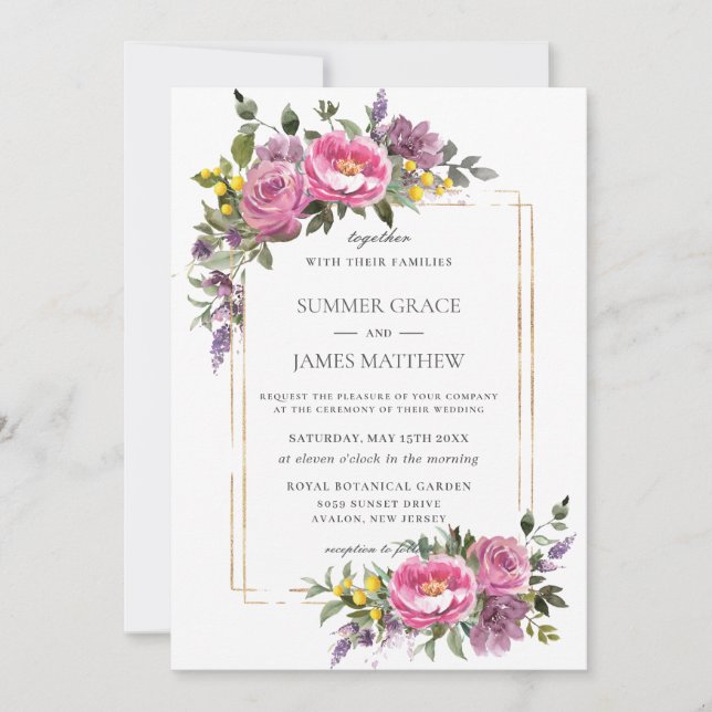 Boho Magenta Pink Lila Gelbe Grüne Hochzeit Einladung (Vorderseite)