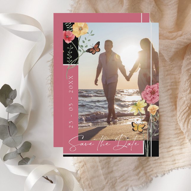 Boho Magenta Pink Wildblumen Foto Save the Date (Von Creator hochgeladen)