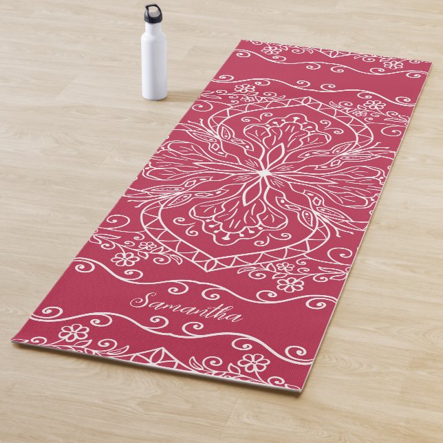 Boho Magenta Red Pink Mandala Elegant Mit Monogram Yogamatte (Beispiel)