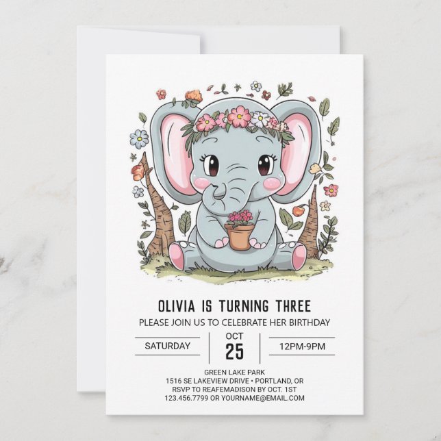Boho Majestic Elephant Digital zum Geburtstag Einladung (Vorderseite)