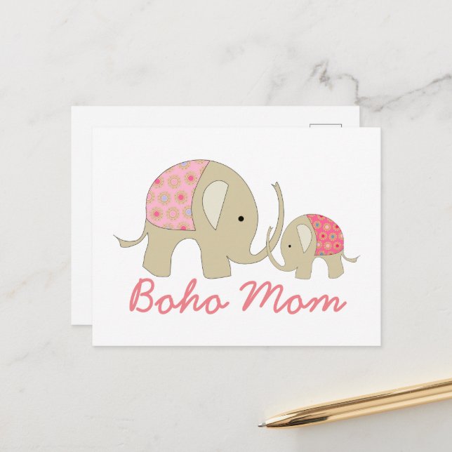 Boho Mama, rosa Elefant Postkarte (Vorderseite/Rückseite Beispiel)