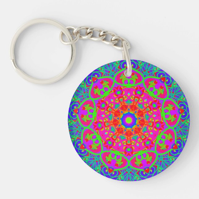 Boho Mandala Blue Pink Doppelseitiger Schlüsselanh Schlüsselanhänger (Vorderseite)