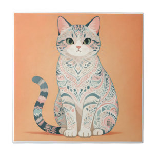 Boho Mandala Katze Pastell-Ornamentales Paisley- Fliese