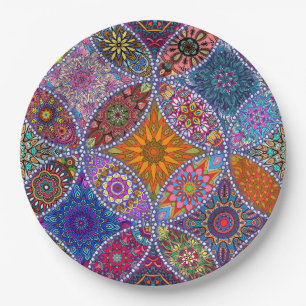 Boho-Mandala-Muster farbenfroher Hippie-Retro-Vint Pappteller