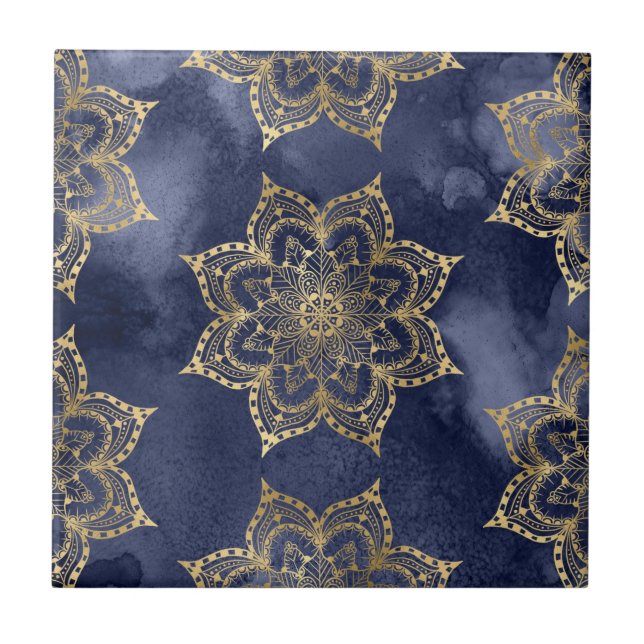 Boho Mandala Muster Gold Navy Blue Ink Textur Fliese (Vorderseite)