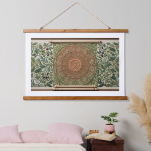 Boho-Mandala-Schnitzerei und botanisches Leinen-Wa Wandteppich Mit Holzrahmen