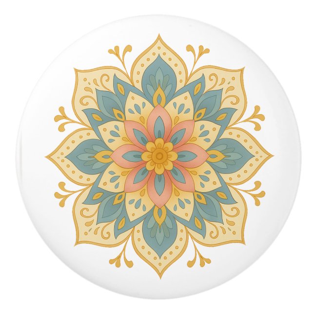 Boho Mandala Teal Blush & Gold Ceramic Knob Pull Keramikknauf (Vorderseite)