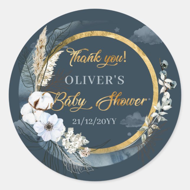 Boho Marine und Goldmond Pampas weiße Blume Runder Aufkleber (Vorderseite)
