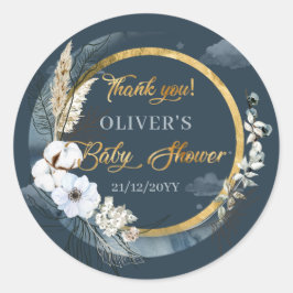 Boho Marine und Goldmond Pampas weiße Blume Runder Aufkleber