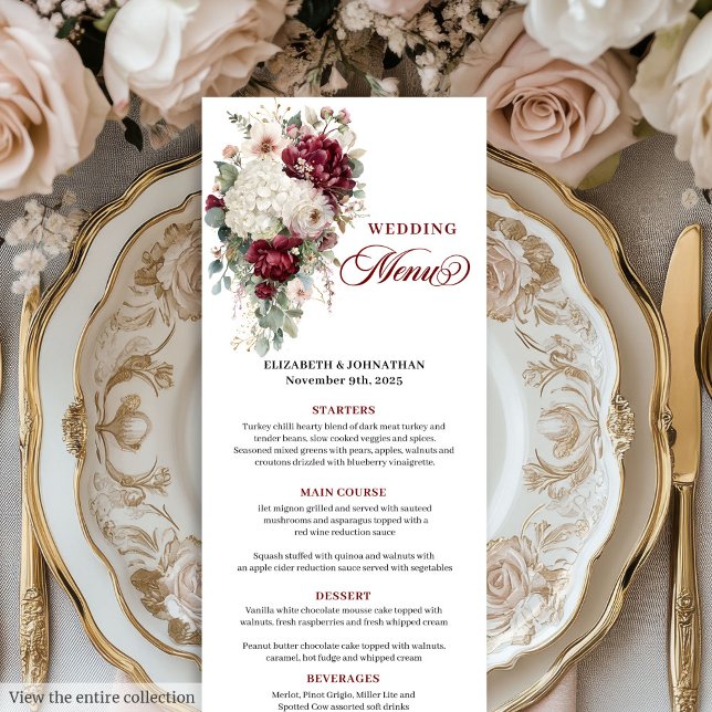 Boho Maroon Weißgold Blumengestalt Menükarte (Boho maroon white gold floral wedding menu design

)