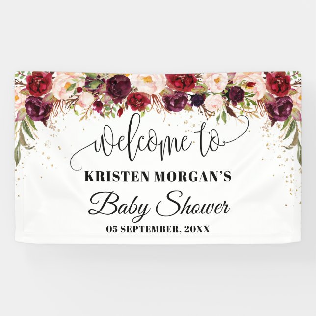 Boho marsala burgunda blumengoldene Babydusche Banner (Horizontal)
