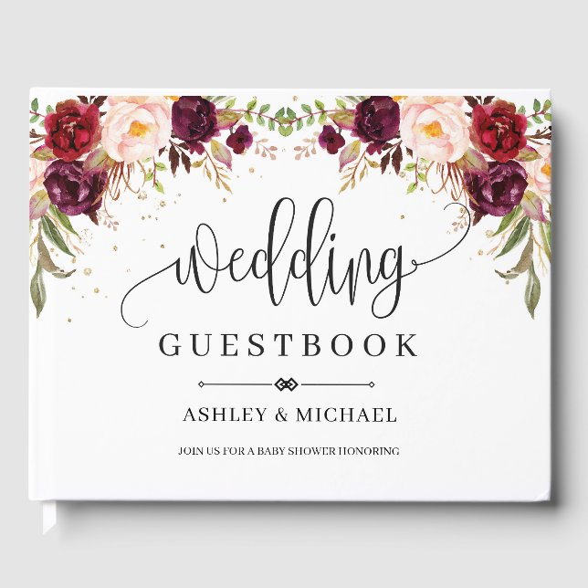 Boho marsala burgundy Goldblütenhochzeit Gästebuch (Vorderseite)