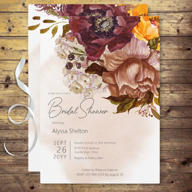 Boho Marsala Clay & Yellow Bouquet Brautparty Einladung (Boho Marsala Clay & Yellow Bouquet Bridal Shower Invitation)