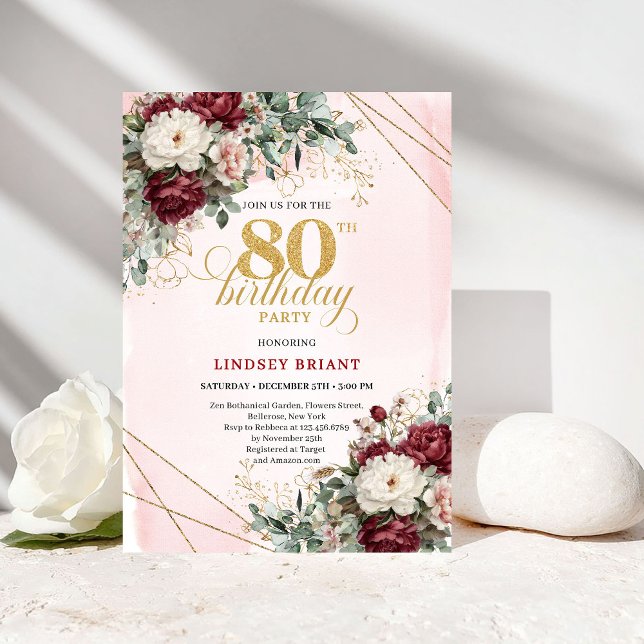 Boho Marsala Flowers Eucalyptus 80th Birthday Einladung (Boho Marsala Flowers Eucalyptus 80th Birthday)