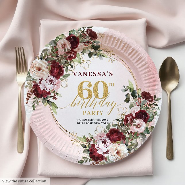 Boho Marsala Gold Roses Elegant 60th Birthday  Pappteller (Boho Marsala Gold Roses Elegant 60th Birthday Plates)
