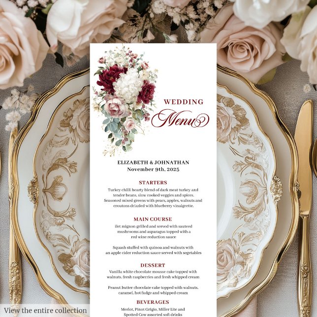 Boho Marsala Goldmedaille Rose Romantische Hochzei Menükarte (Boho marsala gold roses romantic wedding menu card

)